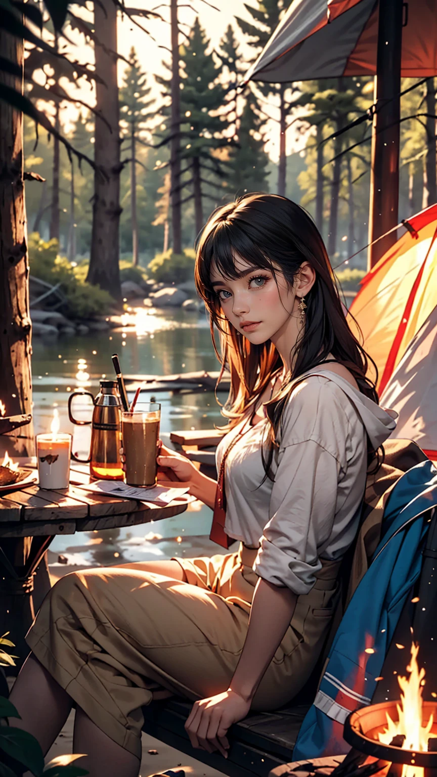 One white woman、Camping on a sandy beach by a lake surrounded by forest、Solo Camping、Sit in front of the firewood and stare at it