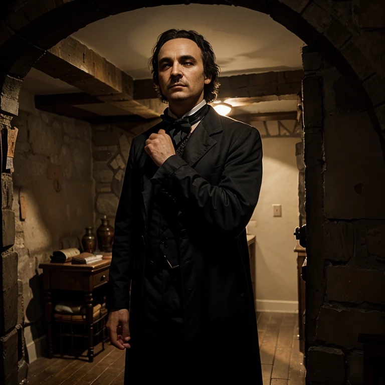 Cuento de Edgar Allan poe "El gato negro", scene where the man praises his basement walls