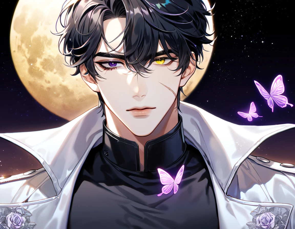 (absurdres, highres, ultra detailed, HDR) master piece, best quality, perfect face, delicate features, Yoo Joonghyuk, black hair, heterochromia, right eye yellow, left eye gray, Omniscient reader's viewpoint, scar on the left cheek, solo, sexy man, handsome, white coat, black tight shirt, moon, purple flames, purple butterflies, purple roses, starry sky