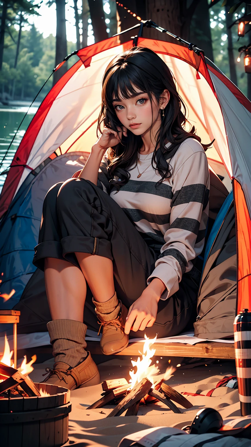 One white woman、night、Camping on a sandy beach by a lake surrounded by forest、Solo Camping、Sit in front of the firewood and stare at it