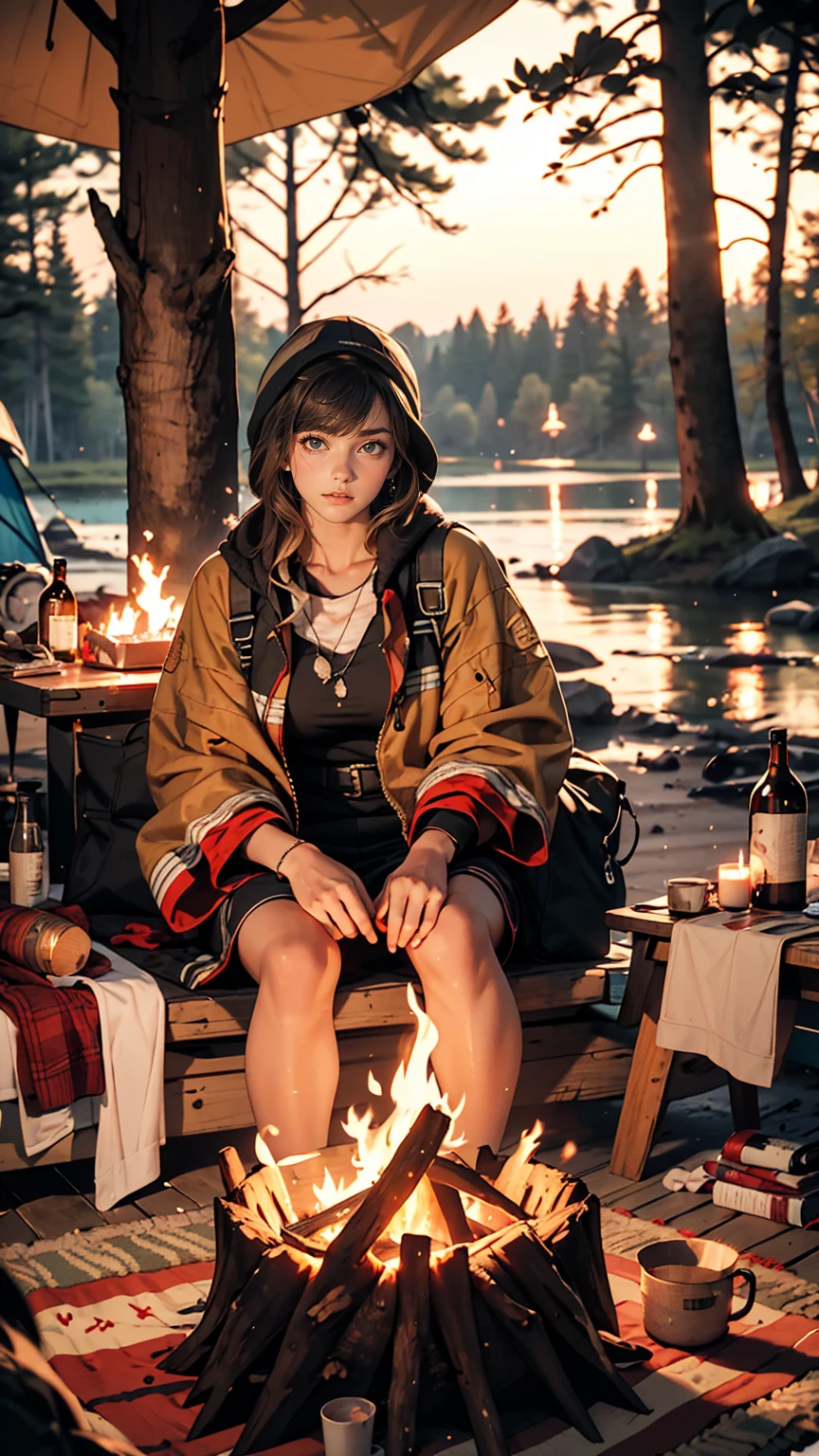 One white woman、night、Camping on a sandy beach by a lake surrounded by forest、Solo Camping、Sit in front of the firewood and stare at it