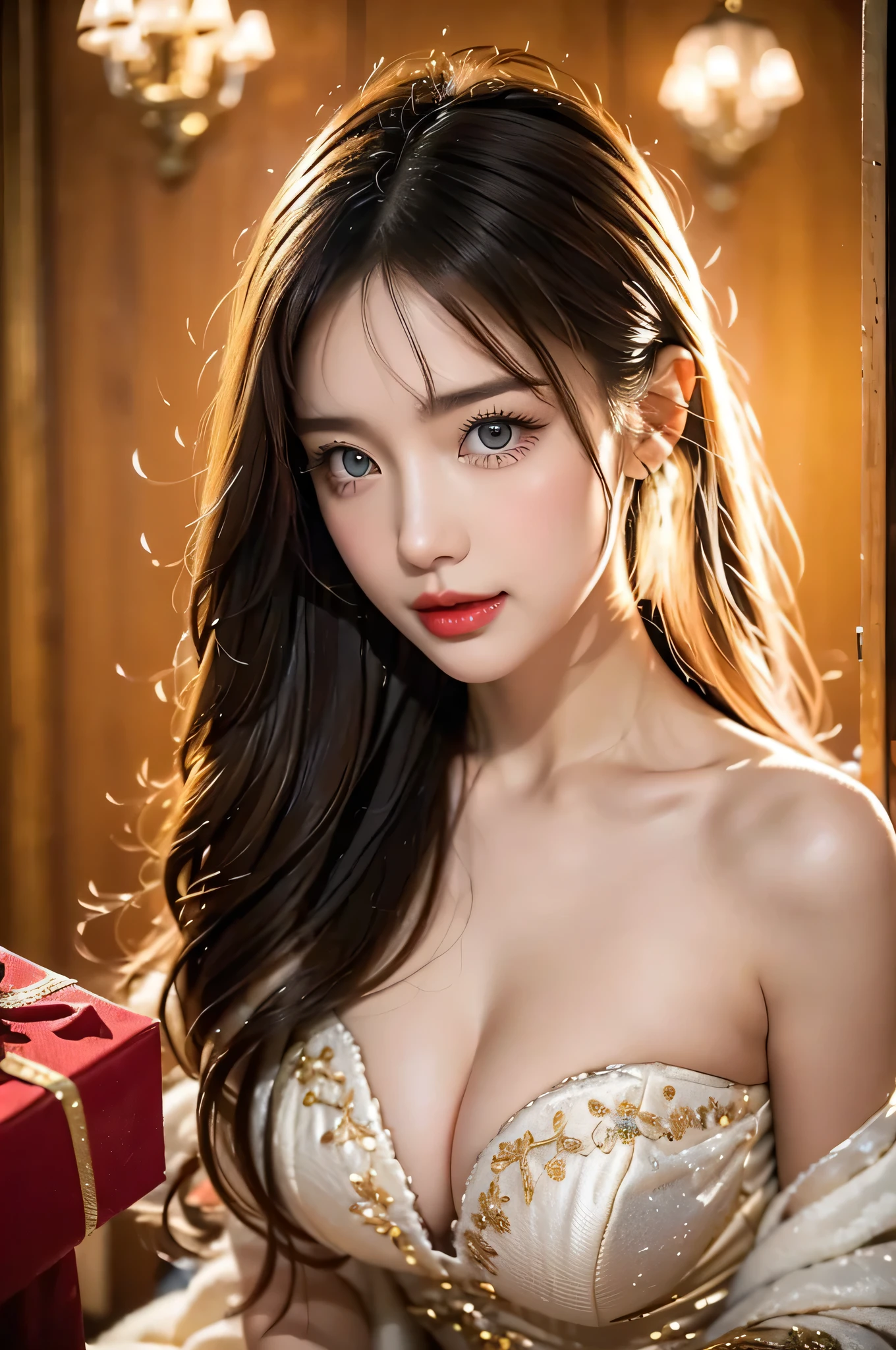 High-quality work,Realistic works,Super premium graphics,8K HD CG works,high quality graphics,High-definition and exquisite CG works,10x pixels,Ultra-fine details:1.1,Advanced technical details:1.1Realistic photo effects,Interior lighting effects:1.5,natural soft light:1.5. Light effect(Virtual light effects:1.8),ultra high resolution,shining dress,sliver long hair,silber hair,transparenthair,high detailed hair(Quality hair details:1.1)Clear eyes,Double eyelids look good,Sharp eye makeup, Create exquisite eyelash makeup, tthin eyebrows, Ultra-detailed eyes,a tall nose, lovely red lips, rosey cheeks, With delicate makeup on her face , pretty face, The face shape is perfectly proportioned,(Advanced facial details:1.1)In the gorgeous cityscape on Christmas night, Imagine a brunette woman around 28 years old....., My hair is unkempt、She is wearing a Santa-style miniskirt and black tights.。.。.。.。.. Her bright smile conveys the feeling of fun as she hands out presents to viewers...... The color palette should primarily feature red and green, Express your vibrant holiday spirit.,Women's artwork,Dress full body video,Realism,Amazing Cleavage,My eyes are very bright today