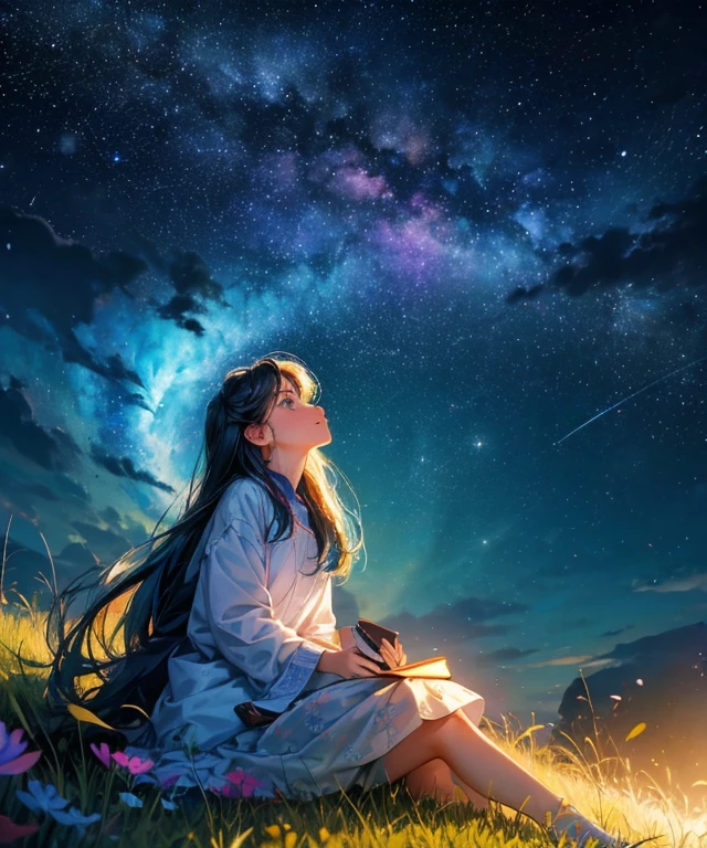 Describes a scene in which a cute girl is sitting on a grassy hill and looking up at the stars。Surround her with colorful nebulae and her favorite constellations。Detailed face