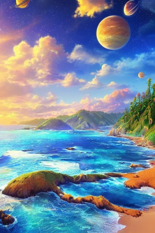 Hyper realistic 8k, ultra detailed, (Best Quality digital illustration Masterpiece of planet Earth in outer space), ((No Man)) (Beautiful planet Earth Illustration), (Beautiful Beach Shore), (Golden Sand), ((Waves in the distance)), (Bright Sun), (Hyperdetail, Dynamic Camera), (Wide Angle), (Celestial Lighting), (Vivid Colors and Saturation), (trending on artstation), (tide pools)
