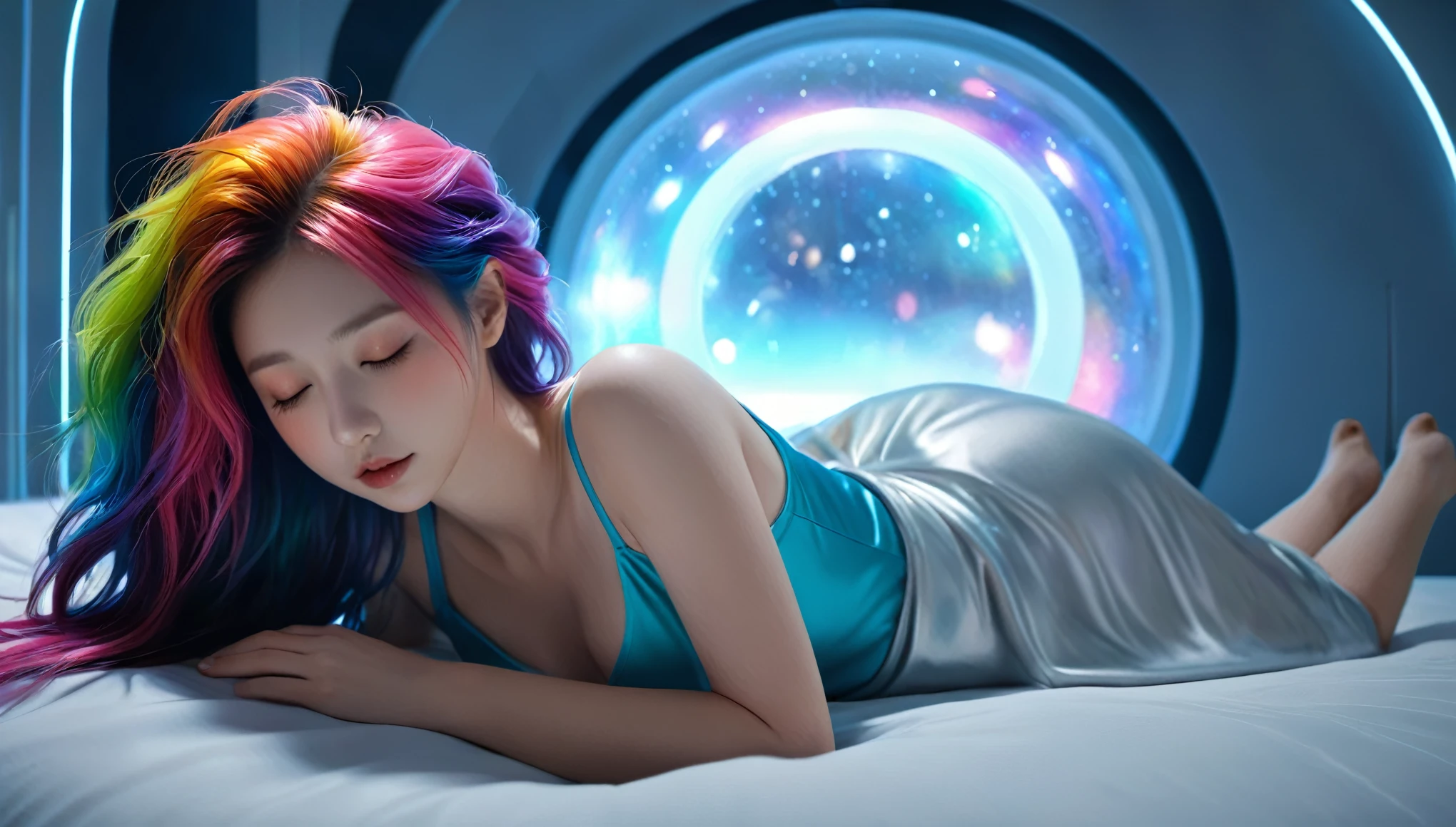 (best quality,8k,ultra-detailed:1.2),(CG,CG art,3D rendering),(masterpiece:1.2),(Crawling on the table),(Sexy clothing),(movie lighting,futuristic),(woman lying in bed,sleeping,closed eyes),(large window behind her,tranquil night),(colorful hair:1.5)