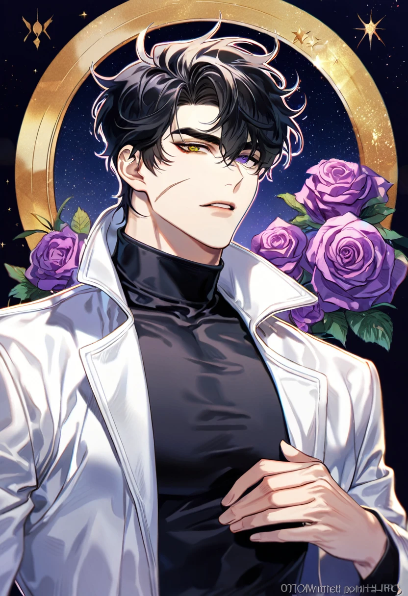 (absurdres, highres, ultra detailed, HDR) master piece, best quality, perfect face, delicate features, Yoo Joonghyuk, black hair, heterochromia, right eye yellow, left eye gray, Omniscient reader's viewpoint, scar on the left cheek, solo, sexy man, handsome, white coat, black tight shirt, moon, purple flames, purple butterflies, purple roses, starry sky