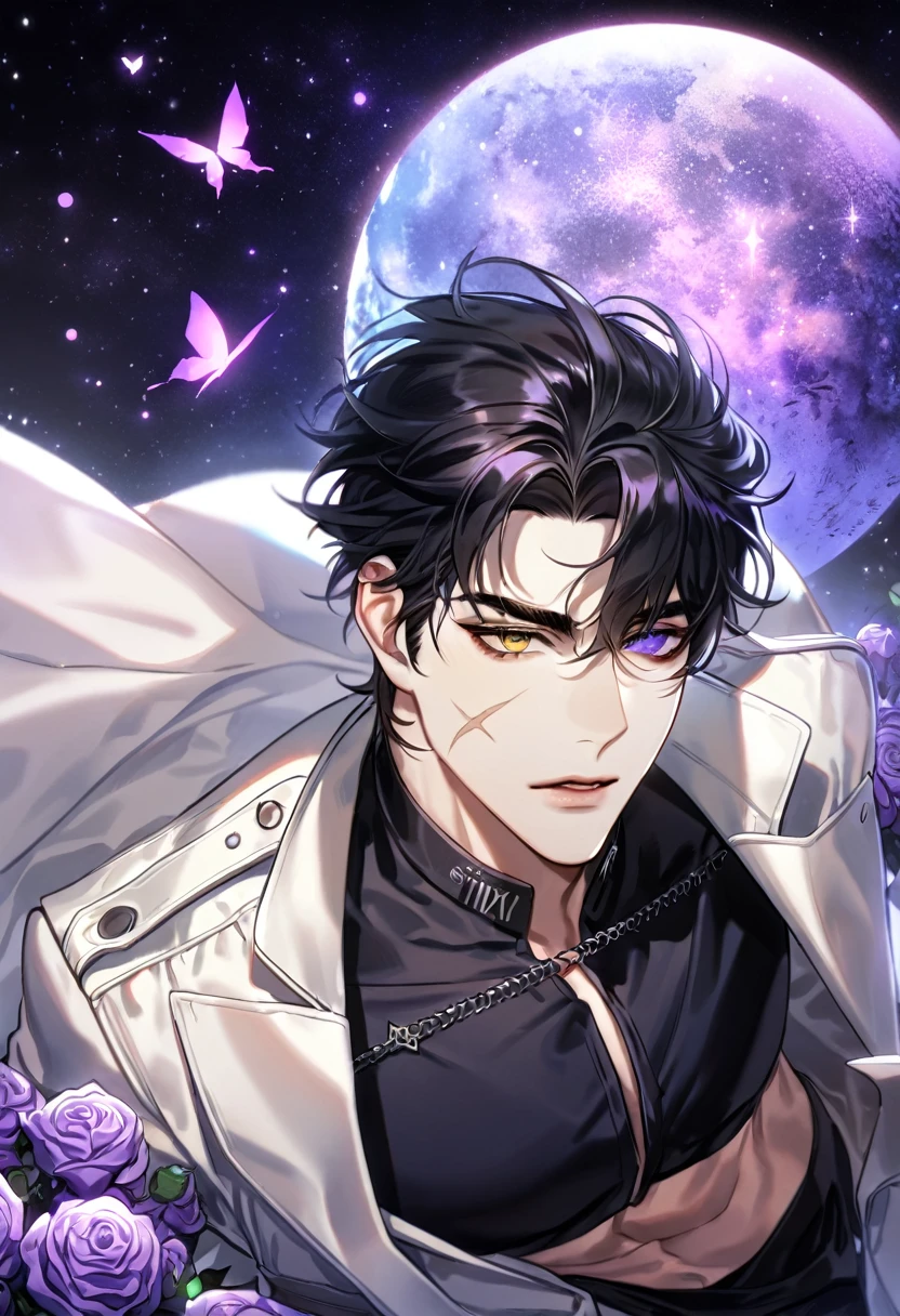 (absurdres, highres, ultra detailed, HDR) master piece, best quality, perfect face, delicate features, Yoo Joonghyuk, black hair, heterochromia, right eye yellow, left eye gray, Omniscient reader's viewpoint, scar on the left cheek, solo, sexy man, handsome, white coat, black tight shirt, moon, purple flames, purple butterflies, purple roses, starry sky