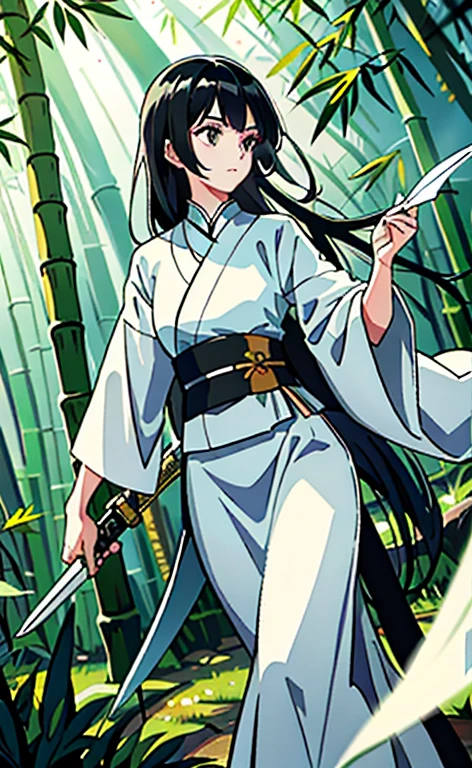 woman，White clothes，Long hair，Sword in hand，Sunlight，bamboo forest，Black hair