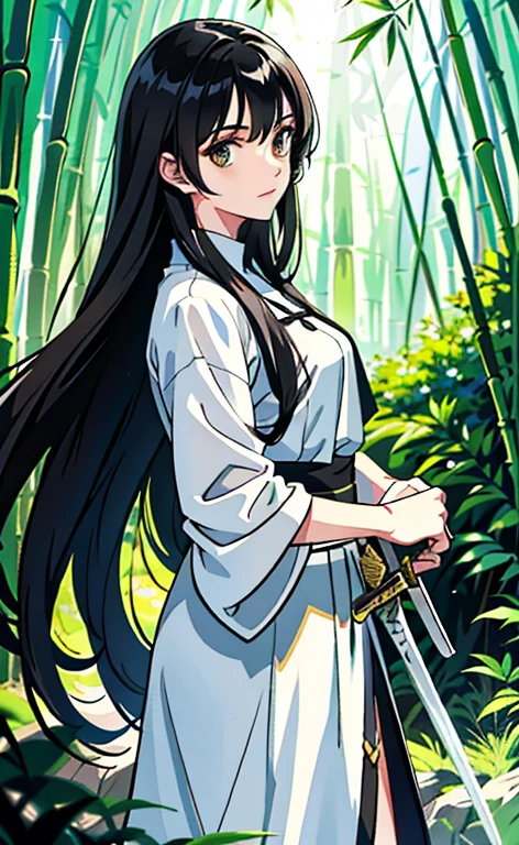 woman,White clothes,Long hair,Sword in hand,Sunlight,bamboo forest,Black hair