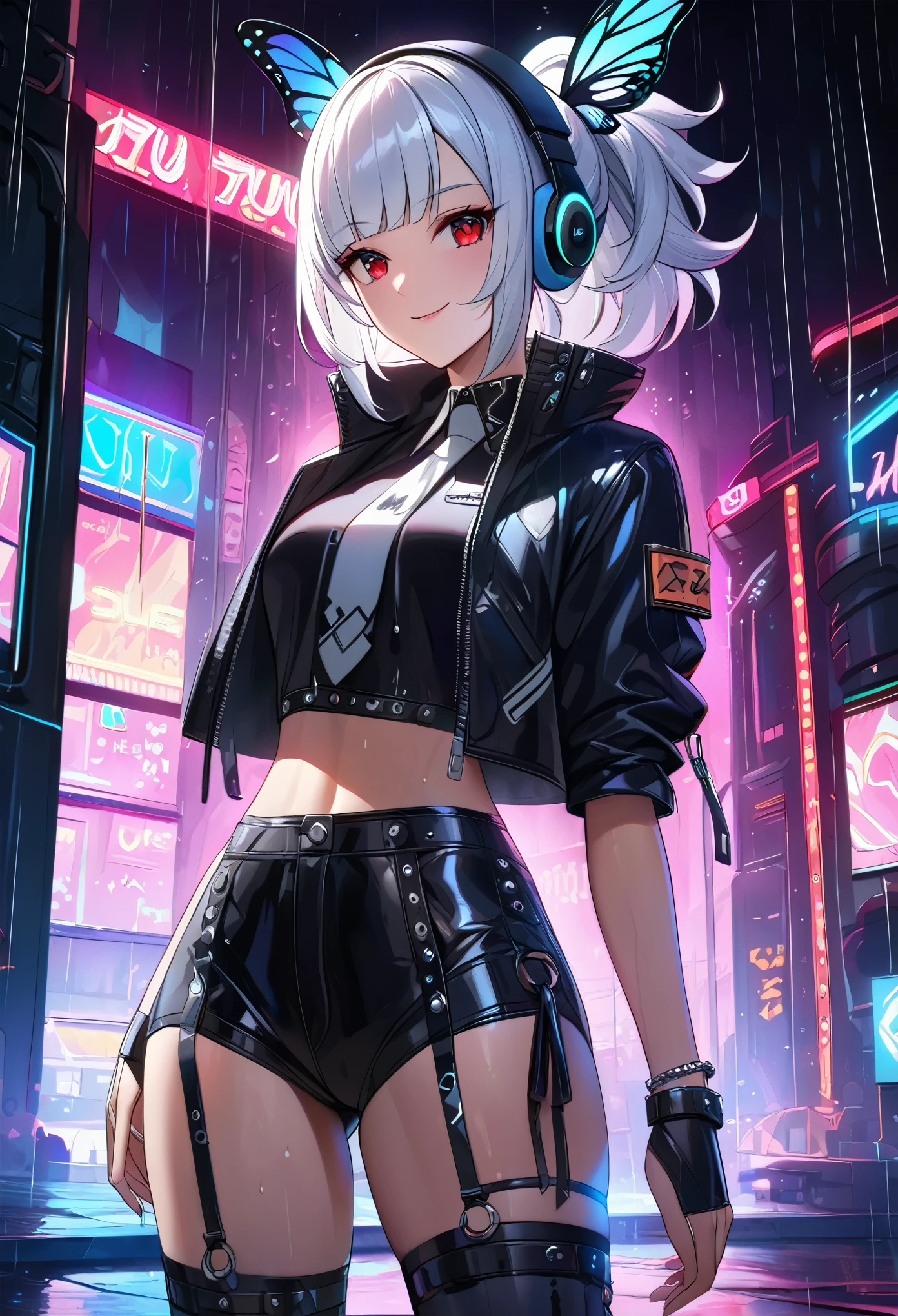 Android Girl,white hair,short and messy hair, purple neon eyes, Holding a chain whip,chains on the hands,chains action, chains around her arm, very cute, skirt, white blouse, cyberpunk theme