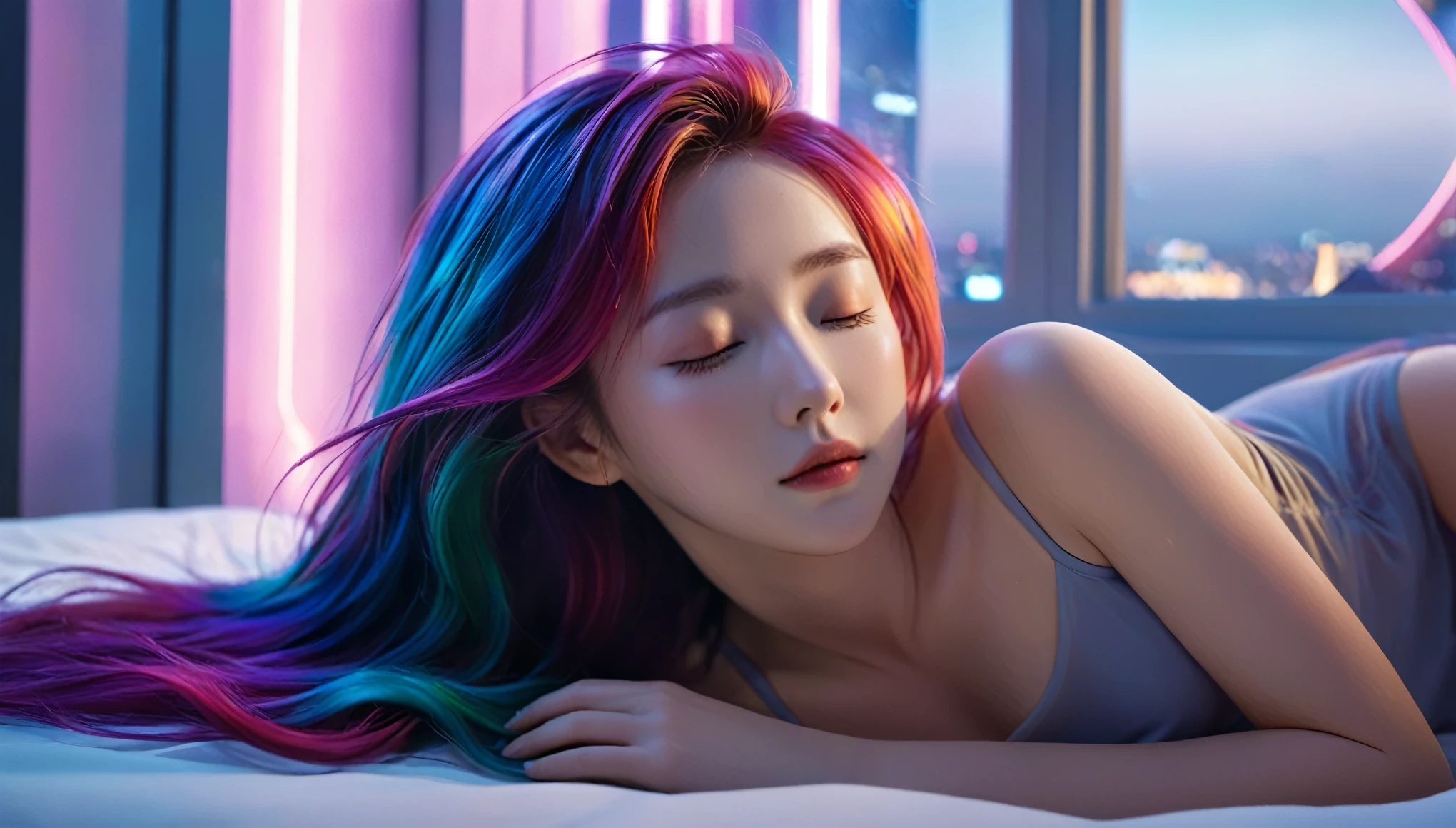 (best quality,8k,ultra-detailed:1.2),(CG,CG art,3D rendering),(masterpiece:1.2),(Crawling on the table),(Sexy clothing),(movie lighting,futuristic),(woman lying in bed,sleeping,closed eyes),(large window behind her,tranquil night),(colorful hair:1.5)