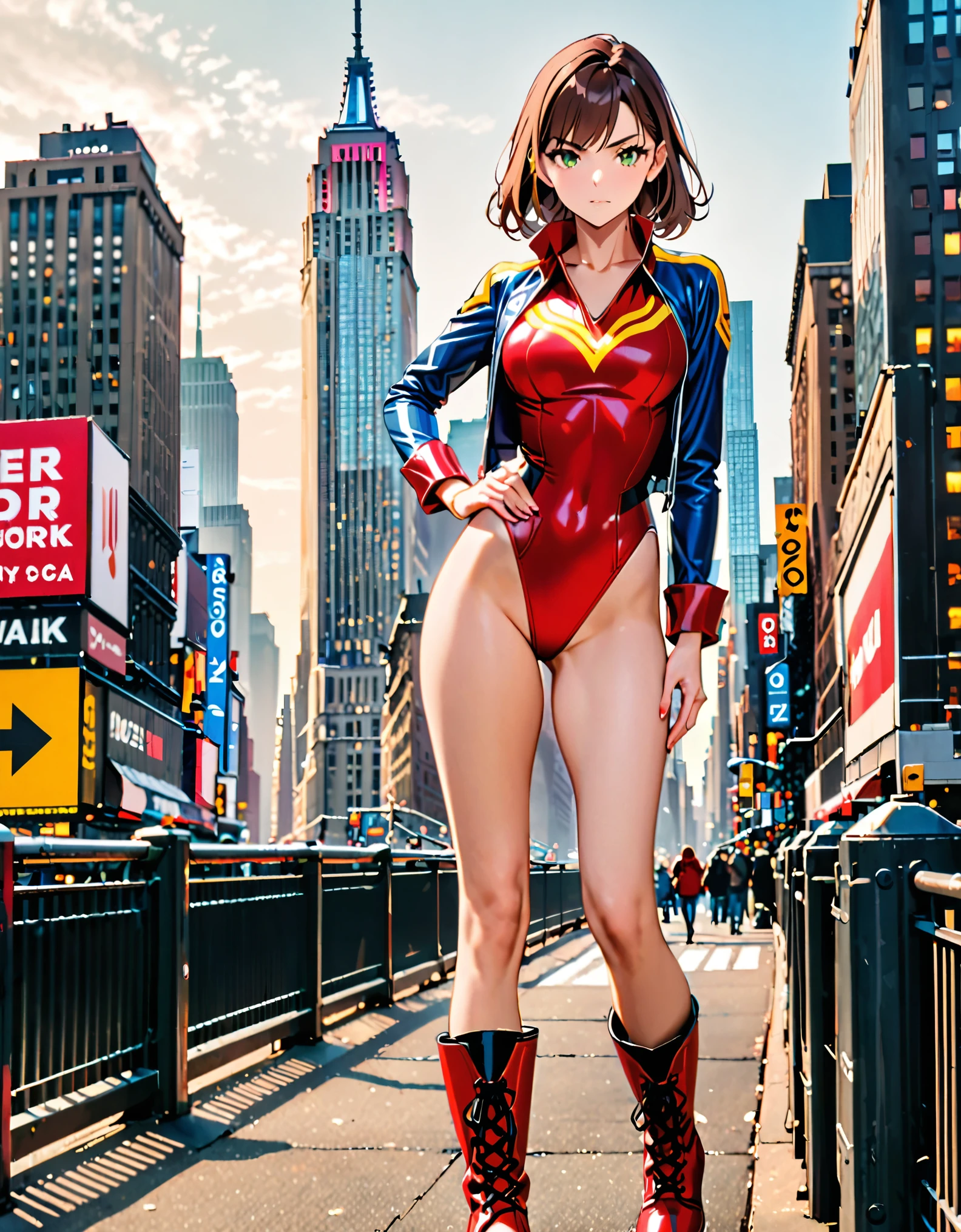 (masterpiece), (best quality), (high res), 1lady, tall body, beautiful detailed eyes, beautiful detailed face, serious, perfect hands, complete fingers, perfect anatomy, perfect proportions, ((brown hair, medium hair)), ((green eyes)), ((leotard, red leotard, matching leotard, dress collar, open collar, bare legs)), ((boots, matching boots, ankle-high boots, red boots)), breasts, medium breasts, (full body portrait), looking at viewer, solo, solo focus, standing, one hand on hip, cowboy shot, new york backdrop, (blue sleeves, yellow cuffs), (yellow W symbol on chest), (red leather jacket, open jacket), full body costume design.