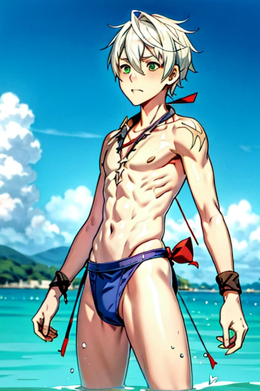 Tied up string torture Fight Young people Swimwear male Thin legs Embarrassing pull suffer Slender White God juvenile anime Upper body naked Droopy eyes