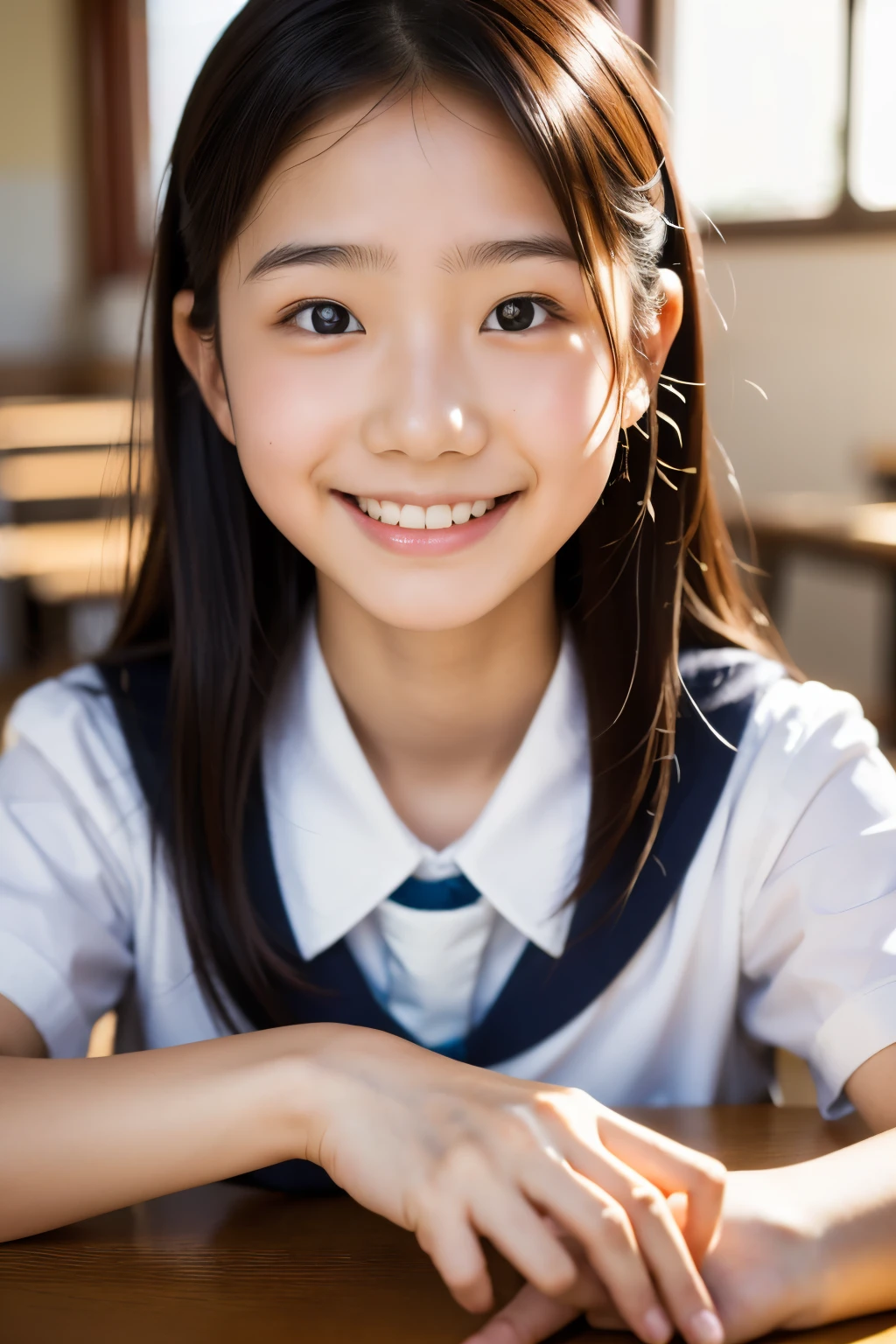 lens: 135mm f1.8, (Highest quality),(RAW Photos), (Tabletop:1.1), (Beautiful 13 year old Japanese girl), Cute face, (Deeply chiseled face:0.7), (freckles:0.4), Speckled sunlight, Dramatic lighting, (uniform), (In the classroom), shy, (Close-up shot:1.2), (smile)