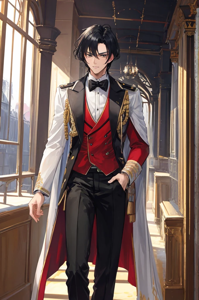masterpiece，8k，((A man))，His Imperial Highness the Prince，Black Hair，Handsome，British style，Faculty，