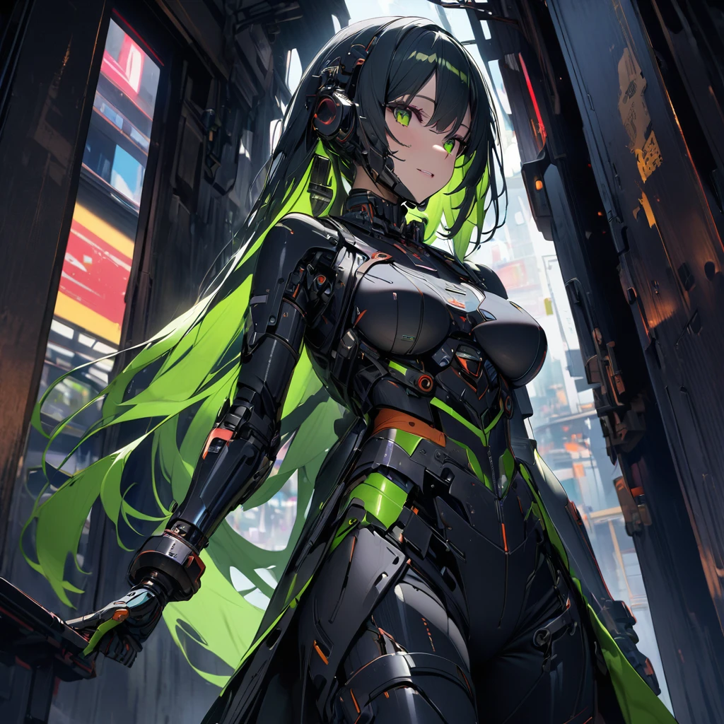 High quality, high definition images, full HD、
8k.(1 white long hair ai cyborg girl )、(black on white cyborg body) , many mechanisms are visible,Many green lights on the exterior、(White and black futuristic racing car), green neon lights on the exterior,open the door 、pose through the door