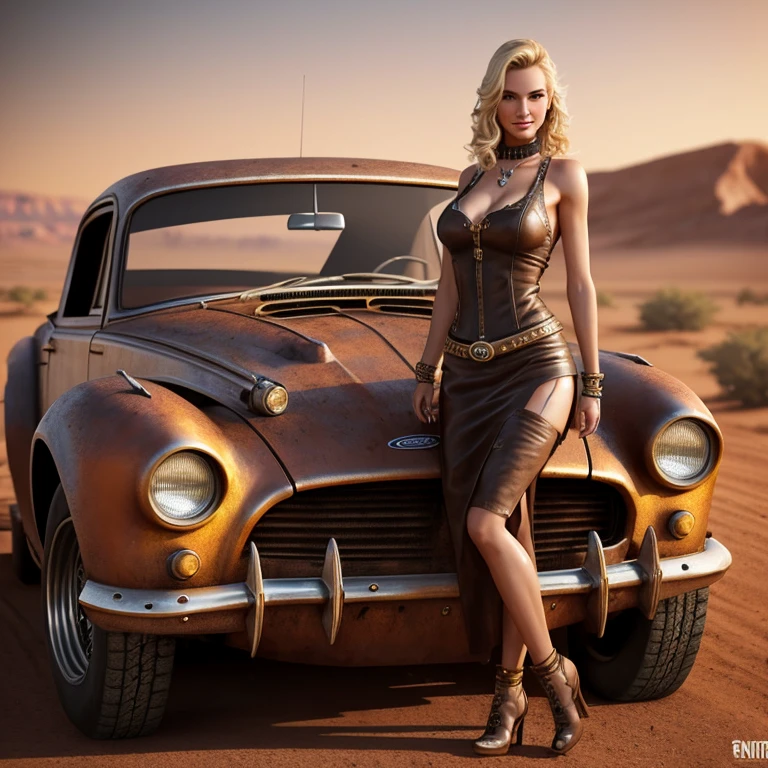 A gorgeous blonde leather super fashion model in elaborate leather fashion and elaborate make-up and hairdo is posing in the desert of Nevada in front of a rusty hot rod U.S. car of the 1940s, car is elaborate desinged in „Mad Max Style“ and smiling, the atmosphere is lively and dynamic, with realistic proportions and authentic details. Atmospheric lighting enhances the cinematic feel of the scene, creating a vibrant and fashionable ambiance, accurate scale and proportion between car and girls, accurate, detailed and true Ford Rally car, fashion, 3d render, cinematic, vibrant, photo