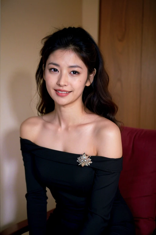 ((highest quality、8k、masterpiece:1.3))、Photorealistic, Sharp focus, high resolution, High resolution,Portraiture, one person、Japanese、woman, beautiful woman, (((black　Off the shoulder　 dress)))、30 years old, Plump, Medium Long Hair,smile