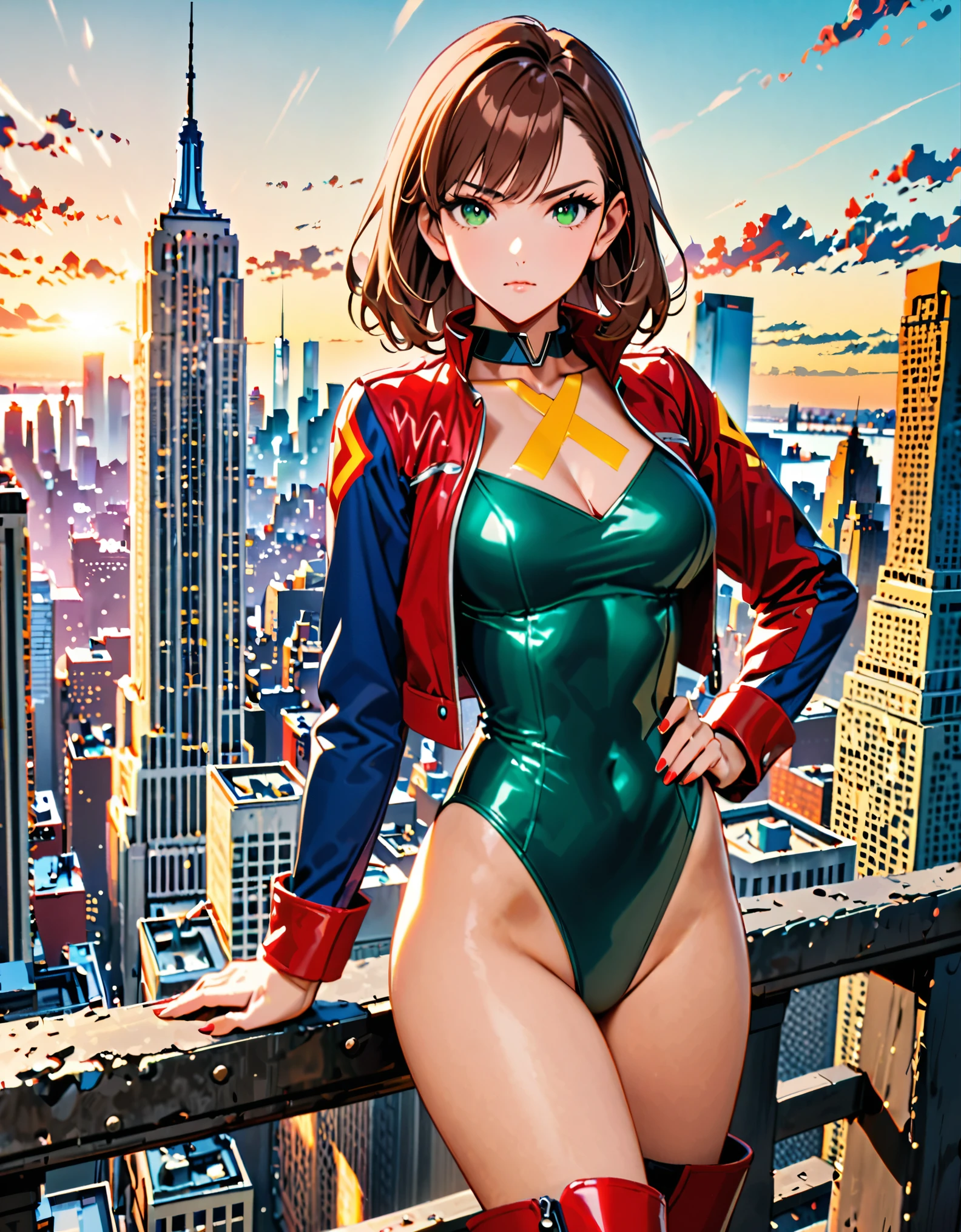 (masterpiece), (best quality), (high res), 1lady, tall body, beautiful detailed eyes, beautiful detailed face, serious, (perfect hands), complete fingers, perfect anatomy, perfect proportions, ((brown hair, medium hair)), ((green eyes)), ((leotard, red leotard, matching leotard, dress collar, open collar, bare legs)), ((boots, matching boots, ankle-high boots, red boots)), breasts, medium breasts, (full body portrait), looking at viewer, solo, solo focus, standing, one hand on hip, cowboy shot, new york backdrop, (blue sleeves, yellow cuffs), (yellow W symbol on chest), (red leather jacket, open jacket), full body costume design.