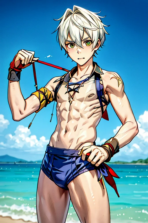 Tied up string torture Fight Young people Swimwear male Thin legs Embarrassing pull suffer Slender White God juvenile anime Upper body naked Droopy eyes