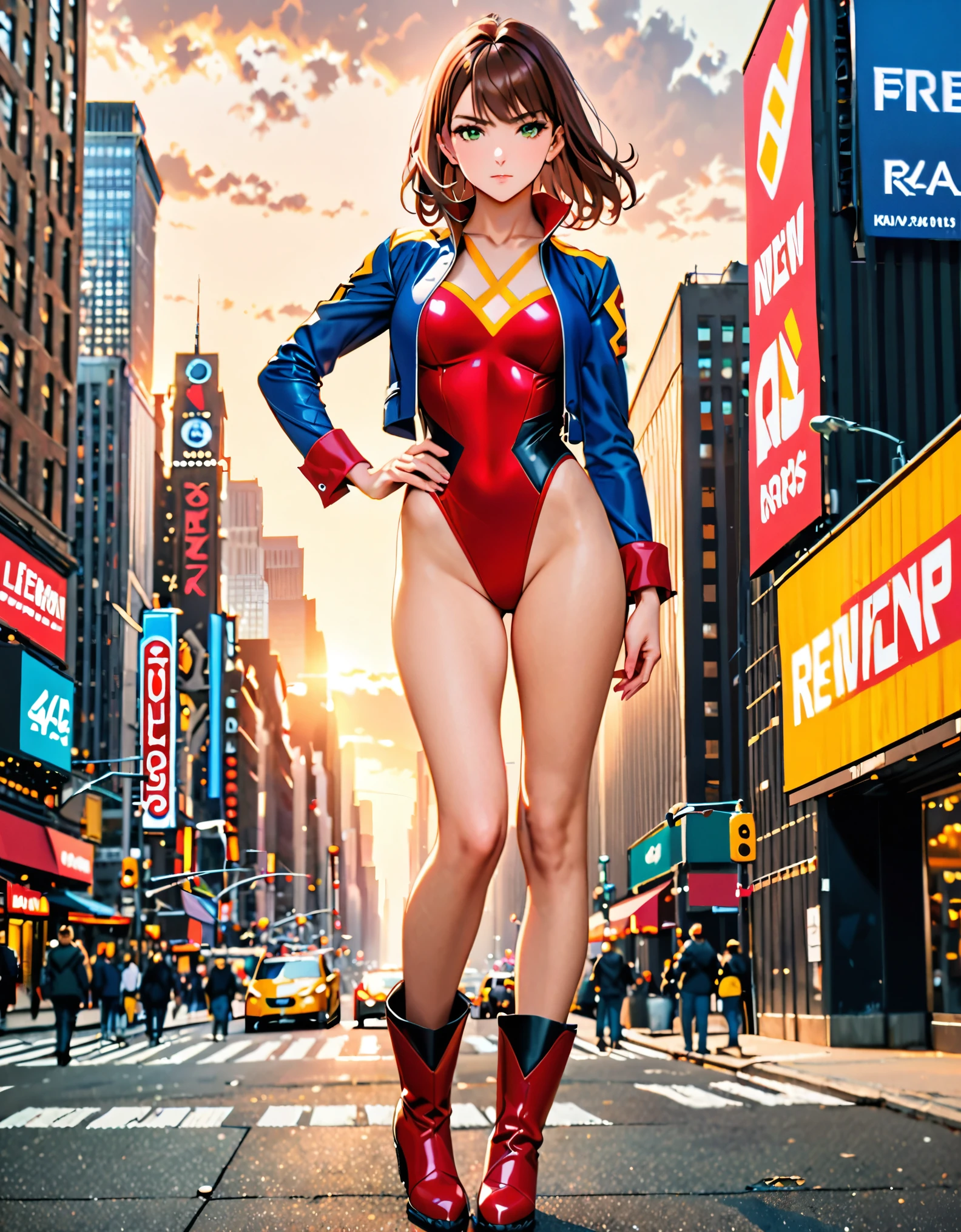 (masterpiece), (best quality), (high res), 1lady, tall body, beautiful detailed eyes, beautiful detailed face, serious, perfect hands, complete fingers, perfect anatomy, perfect proportions, ((brown hair, medium hair)), ((green eyes)), ((leotard, red leotard, matching leotard, dress collar, open collar, bare legs)), ((boots, matching boots, ankle-high boots, red boots)), breasts, medium breasts, (full body portrait), looking at viewer, solo, solo focus, standing, one hand on hip, cowboy shot, new york backdrop, (blue sleeves, yellow cuffs), (yellow W symbol on chest), (red leather jacket, open jacket), full body costume design.
