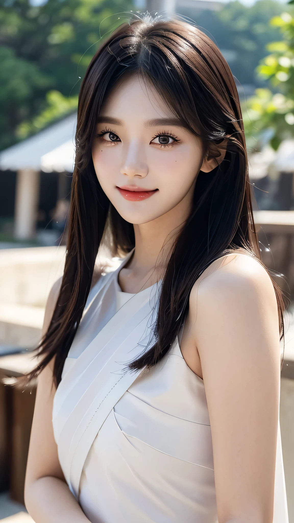 ​masterpiece、top-quality)、1 beutiful girl、in the villa , ((Wearing black sunglasses )), (Detailed beautiful eyes), ((Detailed skin)) , ((Detailed medium hair)), on the villa、((Boyish Brown Medium Hair))、((Smaller face))、((Neutral face))、((Face seen from the side))、((Light brown eyes))、((Korean Girl))、((18year old))、((cool lady))、((A shy smile on his face))、((Korean Makeup))、((elongated and sharp eyes))、((Happy dating))、((boyish))、((Shot from the same height as your face)、), ((CG rendering)), ((Blurred background)), ((16K)),  ((Very detailed)), ((wallpaper)), ((depth of field)), ((movie light)), (( Ray tracing)). In the villa