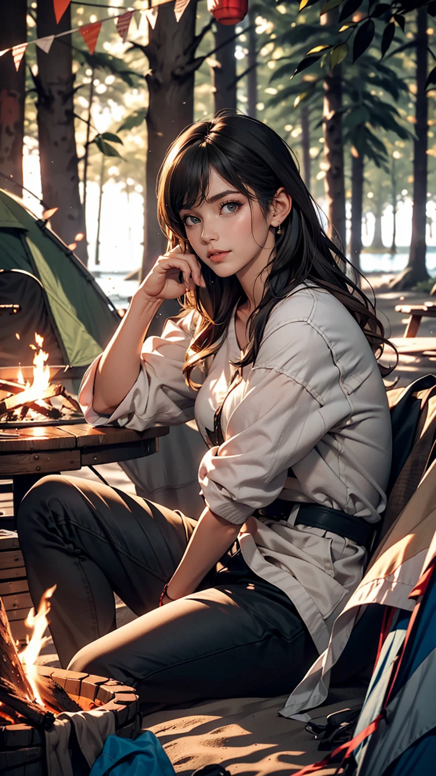 One white woman、Camping on a sandy beach by a lake surrounded by forest、Solo Camping、Sit in front of the firewood and stare at it