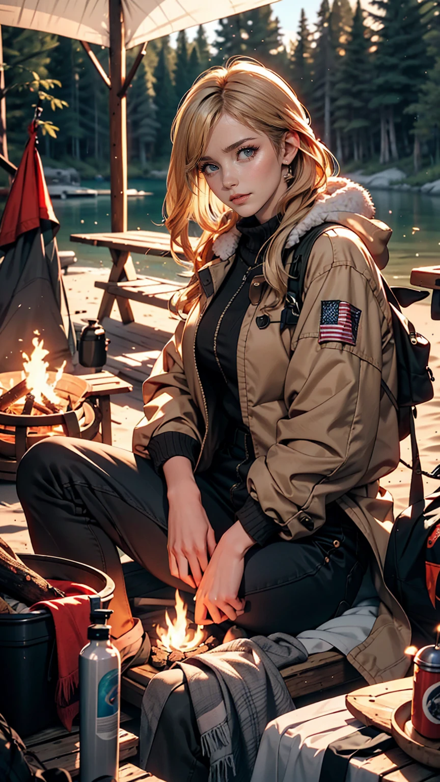 One white woman、night、Camping on a sandy beach by a lake surrounded by forest、Solo Camping、Sit in front of the firewood and stare at it、I put a hunting rifle next to me for self-defense.