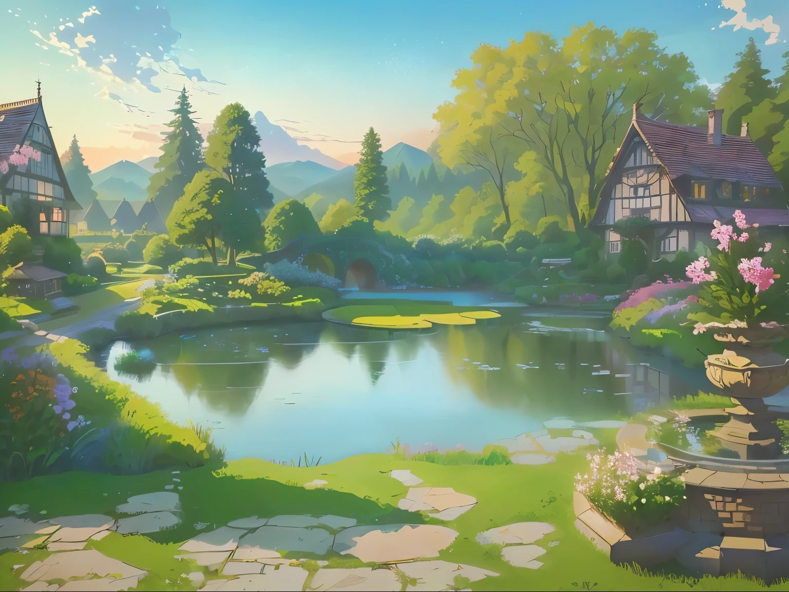 There is a painting,There is a garden in the painting,There is a pond and a house inside, Fairy tale style background, background technologywork, anime rural scenery, background technology, Garden Background, royal Garden Background, Detailed scenery —width 672, A beautiful artistic illustration, pond landscape, garden pond scene, Landscape Art Detail, 2D Game Art Background, environment design illustration, anime background technology