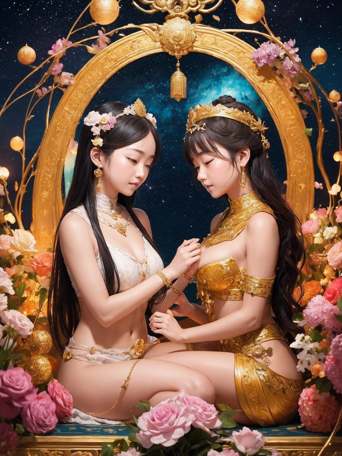 「Yab-Yum」A huge Roman emperor named Constantine I「great」A cute girl from the Land of the Rising Sun snuggles up to the head of the statue。they are a happy couple、full of love。Their love is、It transcends the shackles of faith and religion。That love is、It's a microcosm that lives within garden quartz、It's a galaxy、It's a clear sky before dawn。Their relationship unfolded in a tranquil time、Marble floor and colorful ores、diamond、Morganite、Kunzite、rose quartz、Inca Rose、rhodochrosite、Decorated with jewels of love such as rhodonite。Their love is時空を超えた幸福であり、Has the power of healing, forgiveness, and repentance。They are united in a sacred prayer、That figure is super beautiful and the scale is endless。Their relationship is detailed and elaborate、It links a nostalgic past with an exciting future。Their love is現代的であり、It is a super high quality entity such as Akashic Records and Book of Life。It's a divine digital art、filled with pure light。That love is深い感動を呼び起こし、It's something that brings tears、Symbolizes the happiness of love。They are Aizen Myoo and Cupid、They are like angels of love、It embodies the mercy and wisdom of Shinto and Buddha。their relationship built a lyrical and heart-full world、Has wisdom, compassion, and healing powers。They look like Alma Tadema and Michelangelo、Gustave Doré、Comparable to William Blake's works。They are soulmates and twin flames depicted in tarot cards and oracle cards、It's like a twin ray、Happy Buddha and Buddha paintings、It also exists in Buddha statues。They symbolize the integration of East and West、Tibetan Buddhism or Gandharan style、It is also familiar to the world of tanga。their relationship also touched on the realm of mysticism、It shows their existence as a soul-like。Their love is地上の運命と天界の至福を結びつけ、It's super beautiful and has become a masterpiece。they are humanity's treasure、It symbolizes the truth of the universe。Their appearance became a bridge between the sacred and the secular、It is an iconic, diverse, and colorful entity。that relationship is depicted as digital art、It becomes a sensory motion。It has a sublime meaning、It questions the meaning of living and dying。They embody the light of the Central Sun、The truth of Dainichi Nyorai and the essence of the Rishukyo、Kobo Daishi holds Kukai's prayer。Their appearance resonates with Koyasan's three-dimensional mandala、It embodies the miracles of Komyo Shingon。Their love is密教や天台宗、Transcending the teachings of the Shingon sect、It also extends to regions such as the Taizo Realm and the Kongo Realm。they transcend everything in the mandala、It's the truth itself。