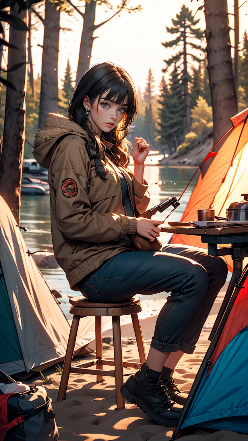 One white woman、night、Camping on a sandy beach by a lake surrounded by forest、Solo Camping、Sit in front of the firewood and stare at it、I put a hunting rifle next to me for self-defense.