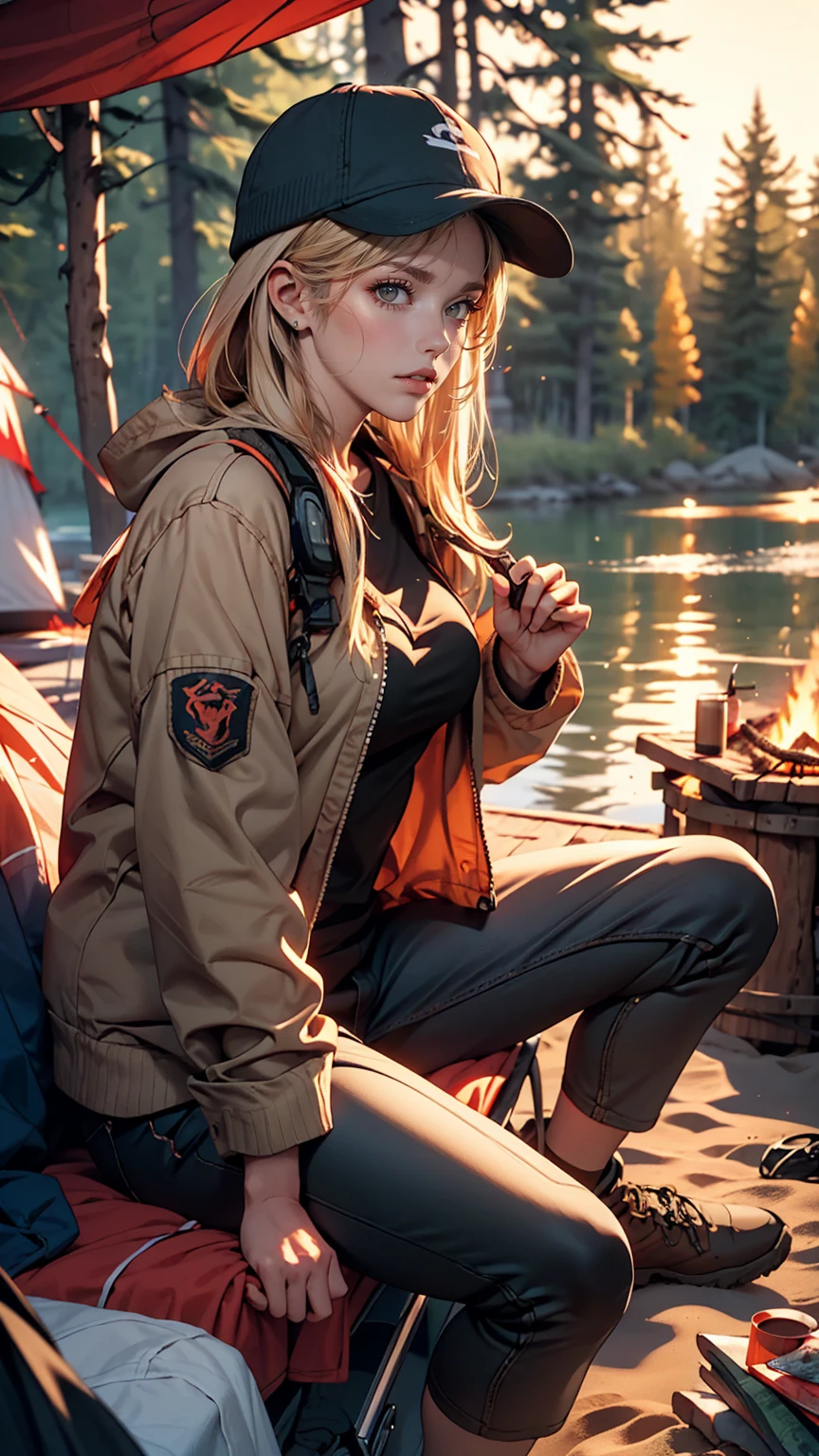 One white woman、night、Camping on a sandy beach by a lake surrounded by forest、Solo Camping、Sit in front of the firewood and stare at it、I put a hunting rifle next to me for self-defense.