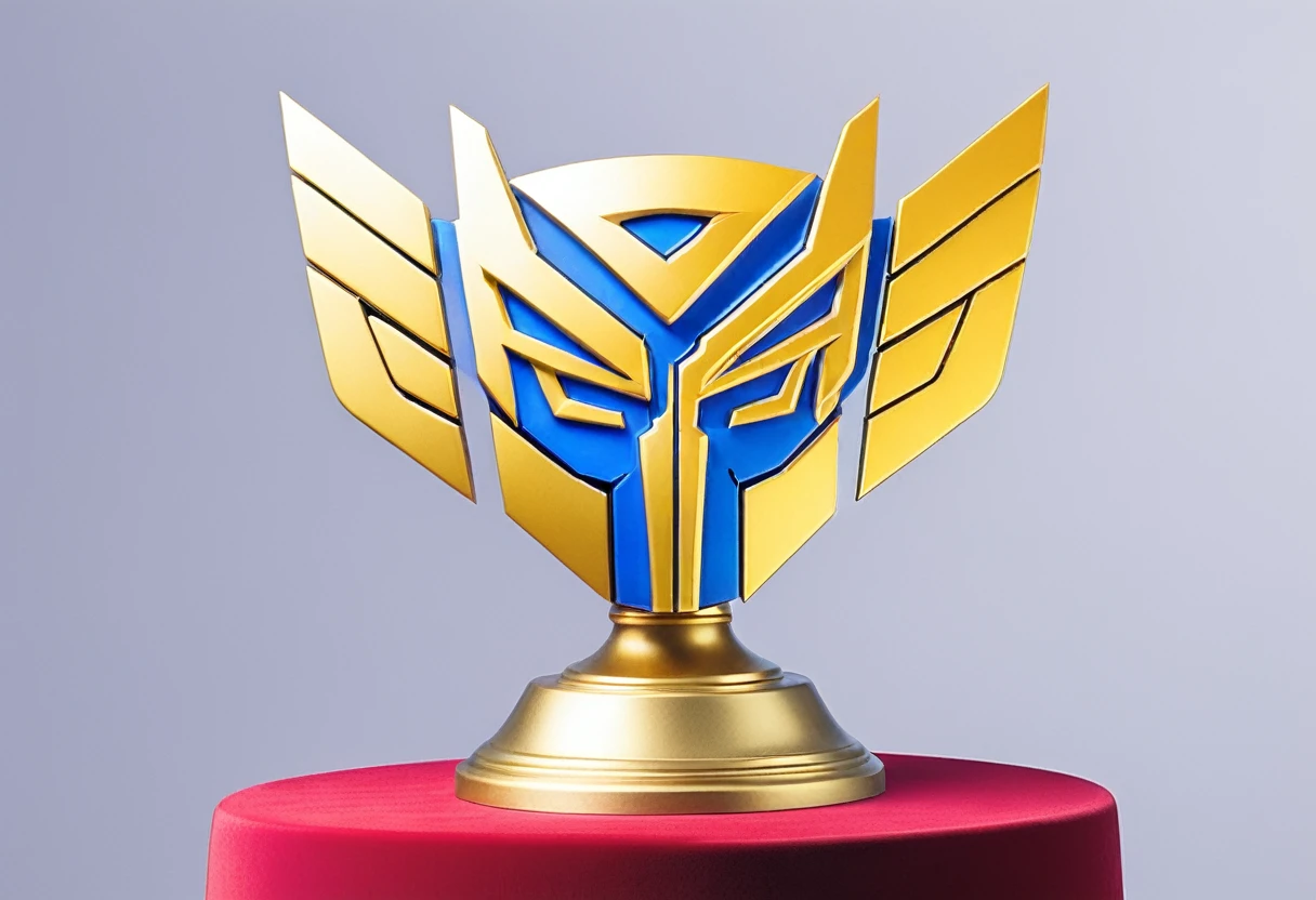 A golden trophy emblazoned with transformers Autobot symbol and language sits upon a pedestal