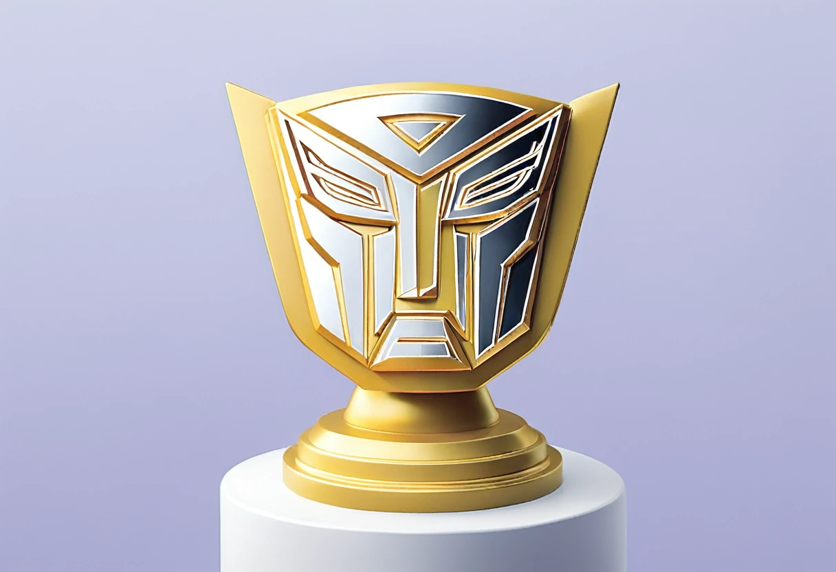 A golden trophy emblazoned with transformers Autobot symbol and language sits upon a pedestal