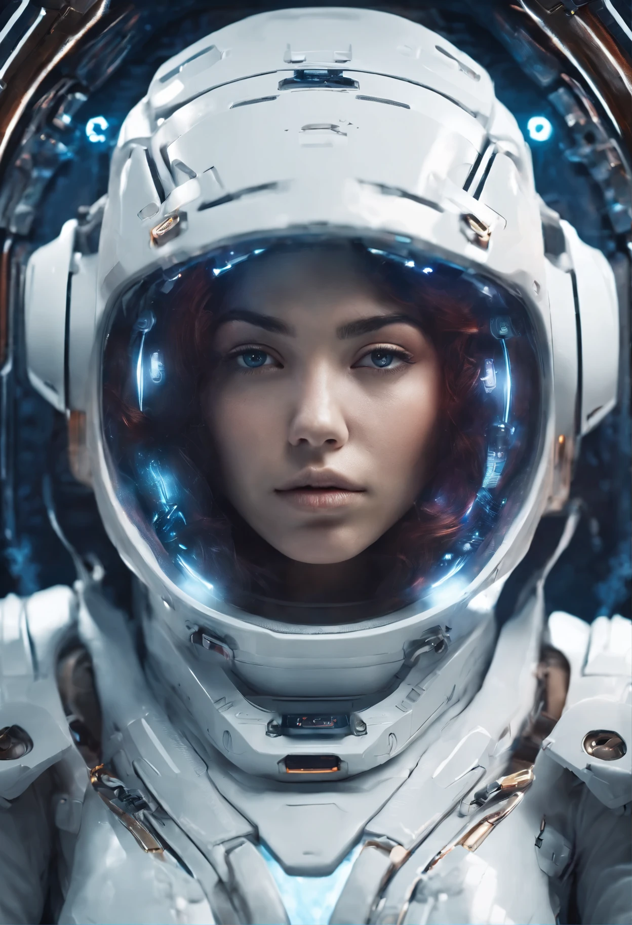 Obra-prima 4k, alto detalhe, garota de cabelos castanhos curtos e pele morena, wearing a white full-body cyberpunk sci-fi costume, sleeping in a sci-fi capsule