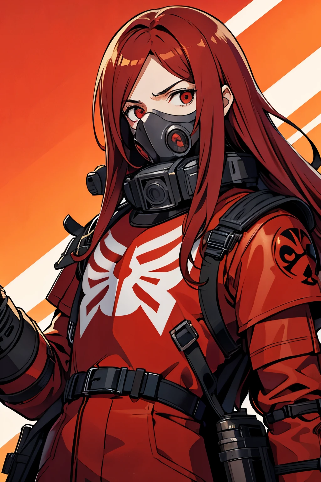  Male, Long Red Hair, Red Eye, Gas Mask, Red Jumpsuit with Skull Chestplate Armor, Shibuya City Theme Background, Happy Emotion mood, Anime, Masterpiece.