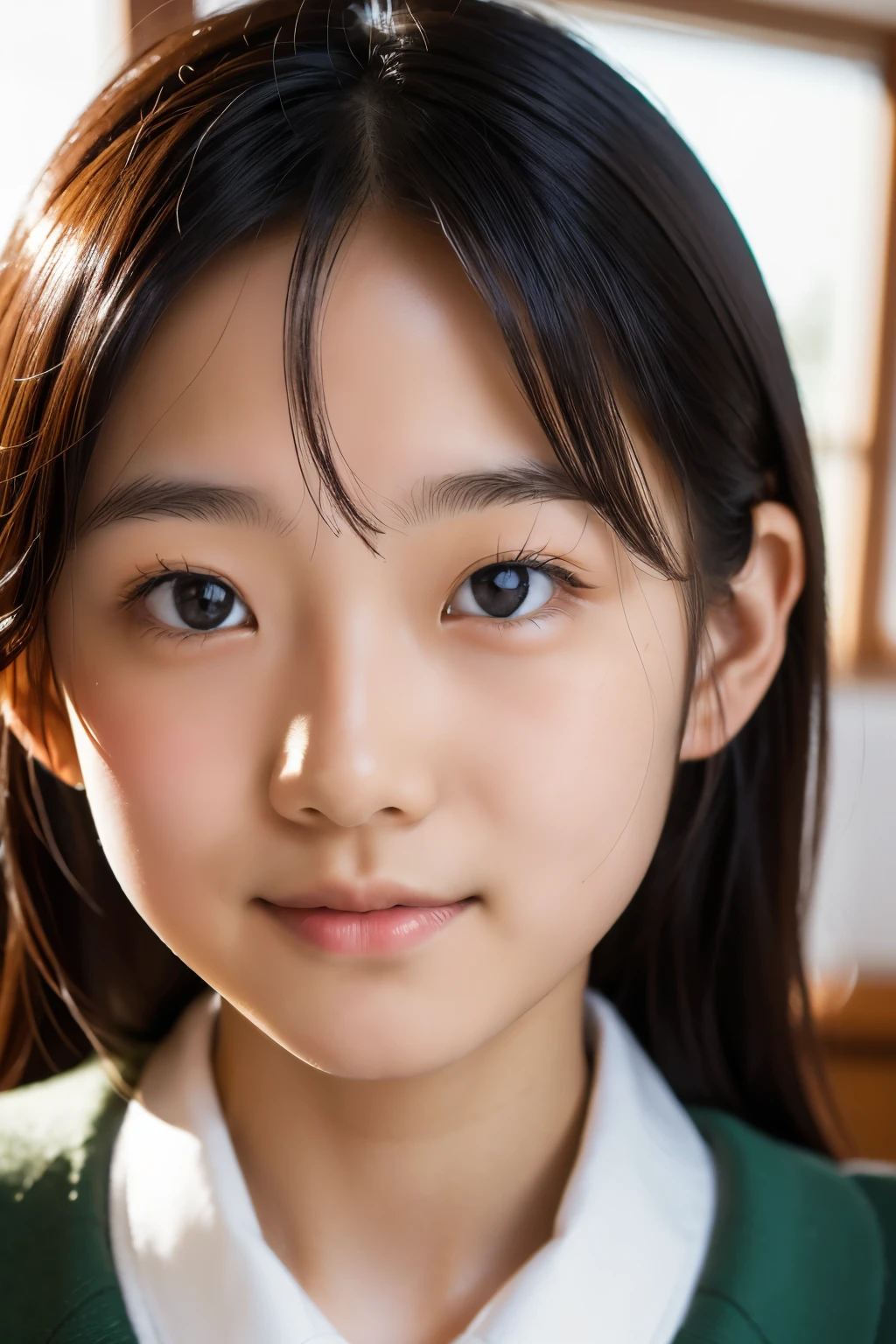 lens: 135mm f1.8, (highest quality),(RAW Photos), (Tabletop:1.1), (Beautiful 16 year old Japanese girl), Cute face, (Deeply chiseled face:0.7), (freckles:0.4), dappled sunlight, Dramatic lighting, (Japanese School Uniform), (In the classroom), shy, (Close-up shot:1.2), (Serious face),, (Sparkling eyes)、(sunlight)