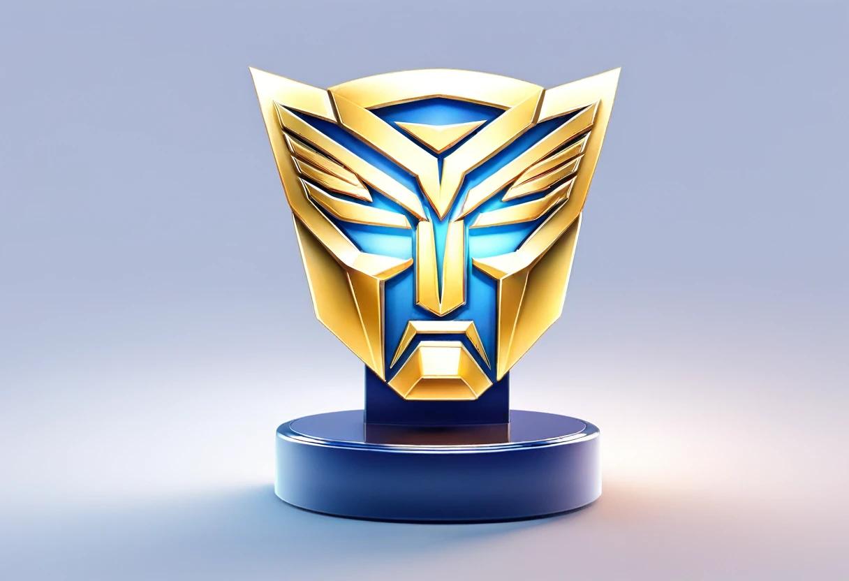 (golden trophy),(transformers Autobot symbol),(transformers Autobot language),(sits on a pedestal),detailed engraving of Autobot symbol,(sparkling gold color),(illuminated with spotlights),(shadows and reflections),(best quality,highres),(ultra-detailed),(realistic:1.37),(metallic texture),(crisp and polished),(vibrant colors),(dynamic lighting),(glowing effect),(dramatic atmosphere)
