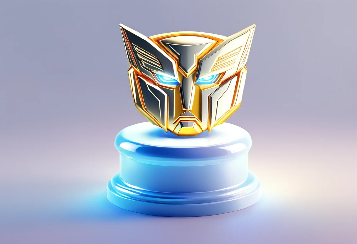 (golden trophy),(transformers Autobot symbol),(transformers Autobot language),(sits on a pedestal),detailed engraving of Autobot symbol,(sparkling gold color),(illuminated with spotlights),(shadows and reflections),(best quality,highres),(ultra-detailed),(realistic:1.37),(metallic texture),(crisp and polished),(vibrant colors),(dynamic lighting),(glowing effect),(dramatic atmosphere)
