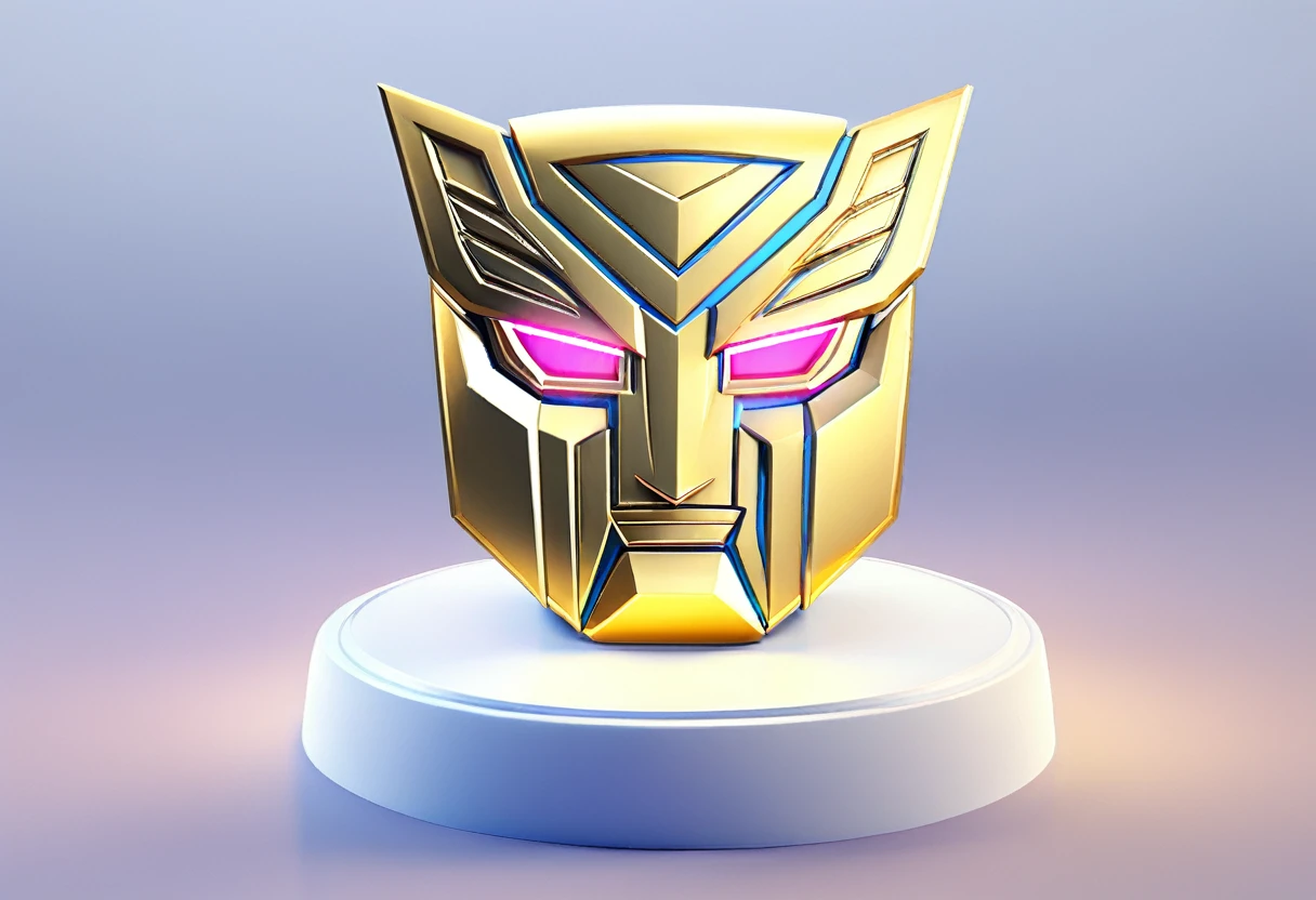 (golden trophy),(transformers Autobot symbol),(transformers Autobot language),(sits on a pedestal),detailed engraving of Autobot symbol,(sparkling gold color),(illuminated with spotlights),(shadows and reflections),(best quality,highres),(ultra-detailed),(realistic:1.37),(metallic texture),(crisp and polished),(vibrant colors),(dynamic lighting),(glowing effect),(dramatic atmosphere)