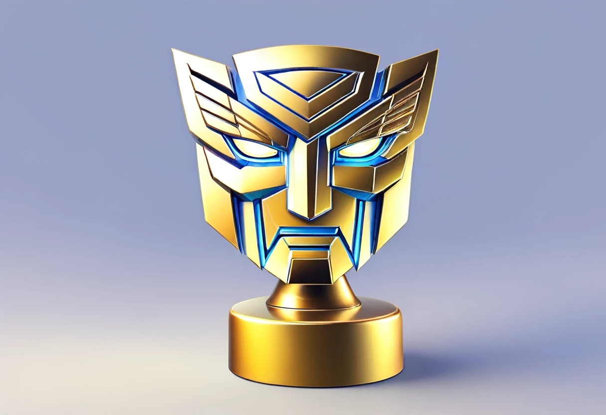 (golden trophy),(transformers Autobot symbol),(transformers Autobot language),(sits on a pedestal),detailed engraving of Autobot symbol,(sparkling gold color),(illuminated with spotlights),(shadows and reflections),(best quality,highres),(ultra-detailed),(realistic:1.37),(metallic texture),(crisp and polished),(vibrant colors),(dynamic lighting),(glowing effect),(dramatic atmosphere)