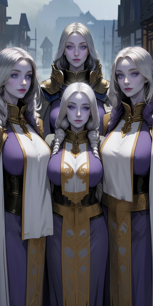 (Triplets) (chest covered) (smile) Gray skin, pale golden hair and violet eyes. They prefer clothing of white and silver with cloaks of deep blue or purple,village background, huge knockers, ((very precise detailed)) ((high res)