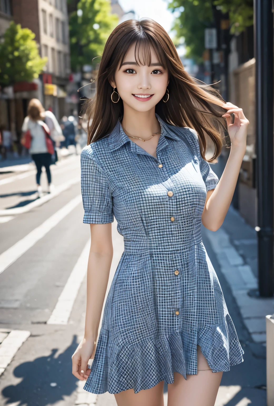 (masterpiece, best quality:1.1), (8k, raw photo, photo realistic:1.2, f22), (shiny skin), detailed skin,long hair,detailed face, detailed eyes,smile,BREAK, real world, intricate details, smil, BREAK, 1girl, full body,(short sleeves,dress,plaid pattern)BREAK, (Town:1.4)