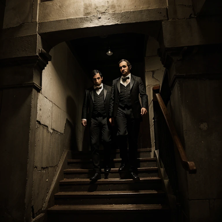 Cuento de Edgar Allan poe "El gato negro". The agents and the man going down the stairs that lead to the basement