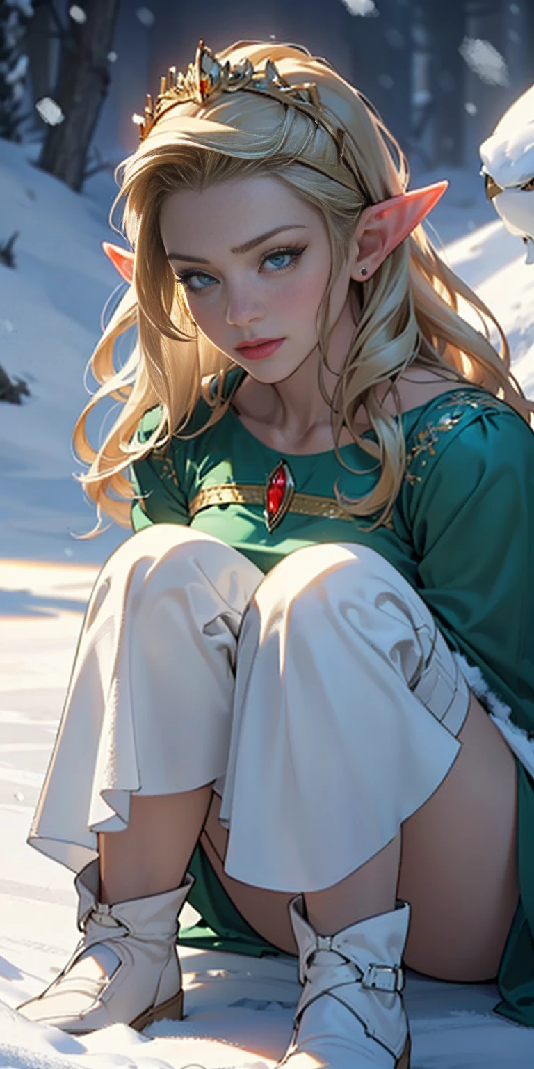 1sologirl ((Cinematic light, Best quality, 8k, Masterpiece :1.3)) (extremely detailed:1.2), (extremely detailed face), (photorealistic:1.2) (ultra detailed) 8k, look at viewer, snowy mountains background, 8k, Hud, soft lighting, high quality, beautiful, professional, hyperrealist, Hyperdetailed, soft shadows, masterpiece, best quality, ultra realistic, 8k, golden ratio, intricate, High Detail, soft focus long hair, dark green hair, flower, looking at viewer, wavy hair, female focus, female, green dress, lips, closed mouth, dress, green eyes, flower, eyelashes, birds (((mature))) ((long elven ears)) (((golden tiara))) (full body shot) sitting, mature (((elegant))) ((high res)) (((bitch face))) ((smug)) ((self-complacent)) ((queen)) (((snow))) boots, (lady)