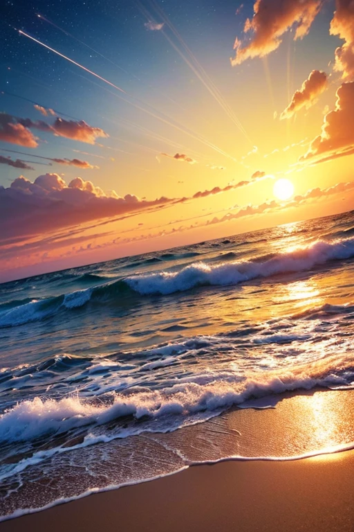 Hyper realistic 8k, ultra detailed, (Best Quality digital illustration Masterpiece of planet Earth in outer space), ((No Man)), (Beautiful planet Earth Illustration), (Beautiful Beach Shore), (Golden Sand), ((Waves in the distance)), (Bright Sun), (Hyperdetail, Dynamic Camera), (Wide Angle), (Celestial Lighting), (Vivid Colors and Saturation), (trending on artstation), (beautiful sunset), (aqua colored water),