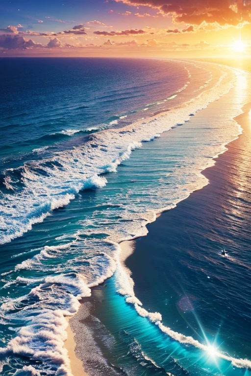 Hyper realistic 8k, ultra detailed, (Best Quality digital illustration Masterpiece of planet Earth in outer space), ((No Man)), (Beautiful planet Earth Illustration), (Beautiful Beach Shore), (Golden Sand), ((Waves in the distance)), (Bright Sun), (Hyperdetail, Dynamic Camera), (Wide Angle), (Celestial Lighting), (Vivid Colors and Saturation), (trending on artstation), (beautiful sunset), (aqua colored water),