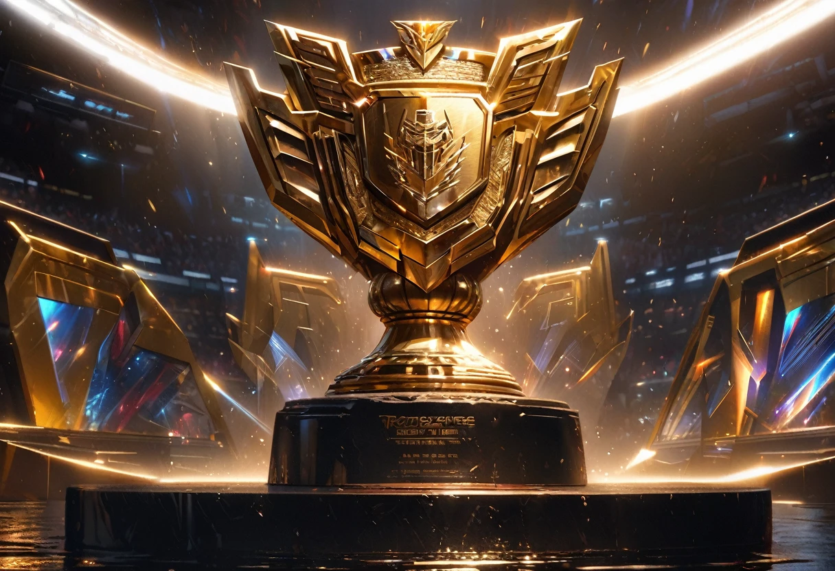 (golden trophy),(transformers Autobot symbol),(transformers Autobot language),(sits on a pedestal),detailed engraving of Autobot symbol,(sparkling gold color),(illuminated with spotlights),(shadows and reflections),(best quality,highres),(ultra-detailed),(realistic:1.37),(metallic texture),(crisp and polished),(vibrant colors),(dynamic lighting),(glowing effect),(dramatic atmosphere)