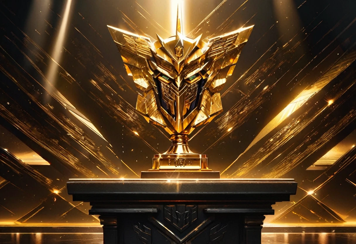 (golden trophy),(transformers Autobot symbol),(transformers Autobot language),(sits on a pedestal),detailed engraving of Autobot symbol,(sparkling gold color),(illuminated with spotlights),(shadows and reflections),(best quality,highres),(ultra-detailed),(realistic:1.37),(metallic texture),(crisp and polished),(vibrant colors),(dynamic lighting),(glowing effect),(dramatic atmosphere)