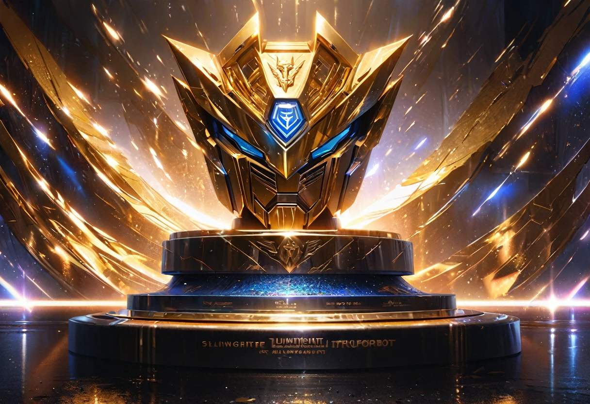 (golden trophy),(transformers Autobot symbol),(transformers Autobot language),(sits on a pedestal),detailed engraving of Autobot symbol,(sparkling gold color),(illuminated with spotlights),(shadows and reflections),(best quality,highres),(ultra-detailed),(realistic:1.37),(metallic texture),(crisp and polished),(vibrant colors),(dynamic lighting),(glowing effect),(dramatic atmosphere)